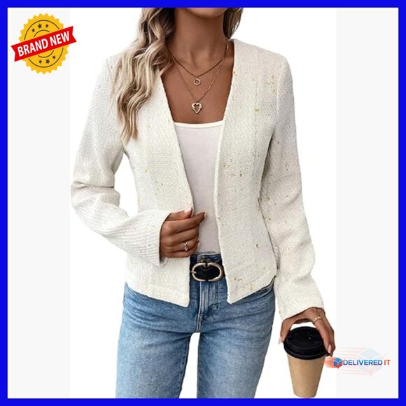 Jackets & Blazers - Women's Tweed Blazer Jacket Collarless Open Front Slim Fit Work Casual